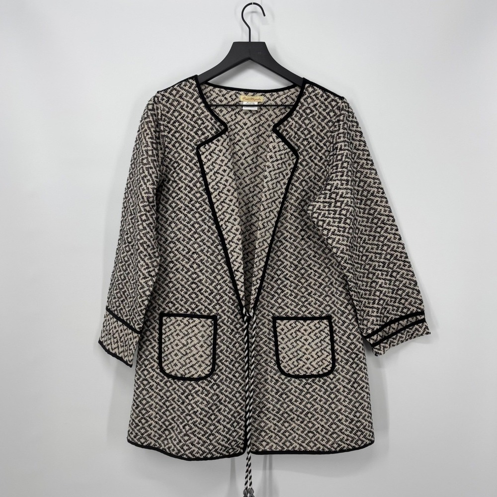 Sweet Magnolia Cardigan Jacket Womens Large Black White Geometric Tie Front Boho